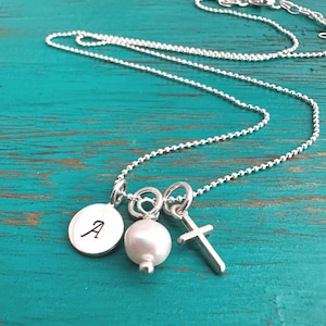 Personalized Initial Cross Necklace-Delicate Faith Necklace-Sterling Silver-Custom Hand Stamped-Christian Jewelry-Gift for Her/Him