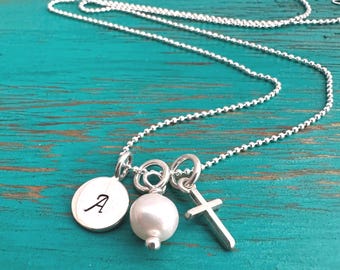 Personalized Initial Cross Necklace-Delicate Faith Necklace-Sterling Silver-Custom Hand Stamped-Christian Jewelry-Gift for Her/Him