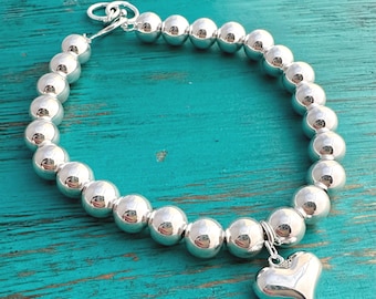 SALE - Heart Sterling Ball Bracelet - 6mm 8mm 10mm 12mm 14mm-925 Sterling Bead Bracelet-Chunky Ball Bangle-Bauble Ball Bracelet-Gift for Her