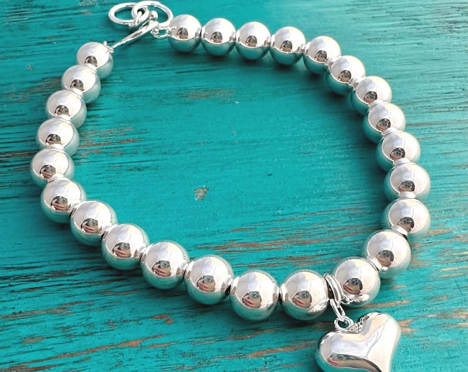 Featured listing image: SALE - Heart Sterling Ball Bracelet - 6mm 8mm 10mm 12mm 14mm-925 Sterling Bead Bracelet-Chunky Ball Bangle-Bauble Ball Bracelet-Gift for Her