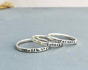 Hammered Silver Name Rings - 925 Sterling Silver - Hand Stamped - Stacking/Stackable Rings - Rustic Organic Rings - Custom Personalized