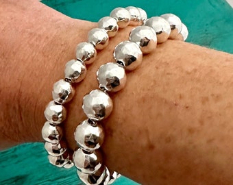 Sterling Silver 925 Hammered Ball Bracelet-10mm-8mm-Hammered Ball