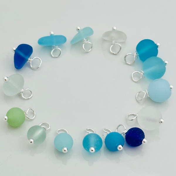 NEW COLORS! Cultured Sea Glass Charm Drop - Beach Glass - Round - Nugget - Chip - Caribbean Blue - Aquamarine - Sea Foam Green - Cobalt Blue