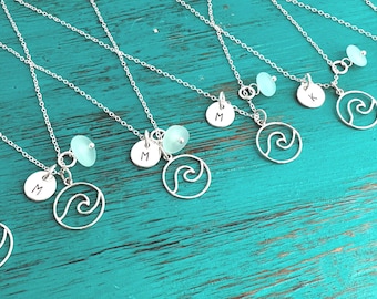 Personalized Wave Sea Glass Necklace - Silver/Gold Initial Necklace