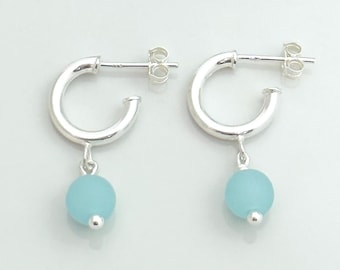 Dangling Hoop Earrings - Sea Glass Earrings - .925 Sterling Silver Drop Earrings - Huggie Hoop Earrings - Post Hoops - Gift for Her