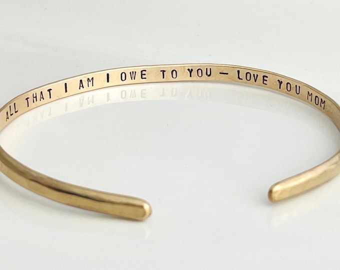 Featured listing image: Open Cuff Mother of the Bride Bracelet - Gold/Silver Custom Hidden Message Cuff - Personalized Gift for Mom - All that I am I owe to you