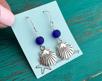 Sea Shell Earrings - Sea Glass Beach Earrings-Sea Foam/Aqua/Cobalt Blue-Vacation Jewelry-Sterling Silver-Sand Dollar/Sea Shell/Turtle