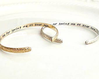 Mother of the Bride Groom-Custom Floral Cuff Bracelet-Thank you for loving me as your own-Personalized Engraved Bangle-Wedding Gift for Her