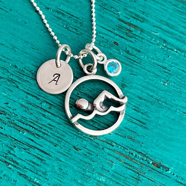 Sterling Swim Initial Necklace-Personalized Swimmer Necklace-Initial Necklace-Swim Jewelry-Swim Charm-Round Swim Charm-Custom Gift for Her
