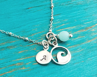 Personalized Wave Necklace - Custom Sterling Silver Beach Jewelry - Sea Glass Necklace - Swimmer-Surfer-Vacation-Beach-Nautical Gift for Her