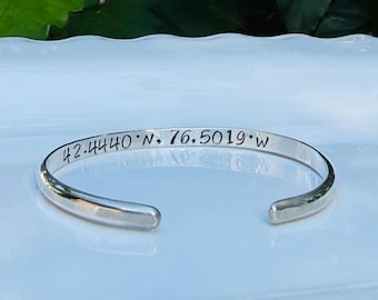 Engraved Coordinates Cuff Bracelet - Latitude Longitude Bangle - Personalized GPS Bracelet - Solid Sterling Silver Jewelry for Her