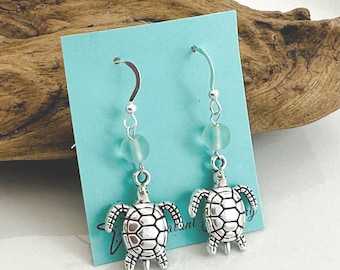 Sea Turtle Sea Glass Earrings - Beach Nautical Earrings
