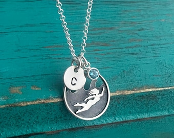 Sterling Swim Initial Necklace-Personalized Swimmer Necklace-Initial Necklace-Swim Jewelry-Swim Charm-Round Swim Charm-Custom Gift for Her