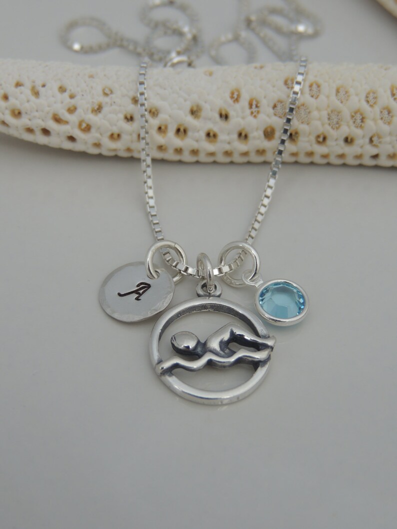 Sterling Swim Initial Necklace Hand Stamped Etsy