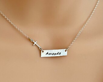 Sterling Double Sided Bar Necklace - Visible Faith Necklace - Personalized Name Necklace - Cross Necklace - First Communion - Confirmation