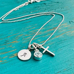 Initial Cross Necklace-Personalized Initial-Birthstone/Pearl Necklace-Sterling Silver-Custom Hand Stamped-Christian Jewelry-Gift for Her/Him