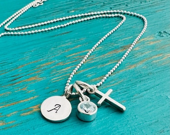 Initial Cross Necklace-Personalized Initial-Birthstone/Pearl Necklace-Sterling Silver-Custom Hand Stamped-Christian Jewelry-Gift for Her/Him