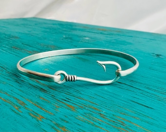 Sterling Fish Hook Bracelet - Personalized Fishing Bracelet - Fishing Woman Gift - .925 Sterling Silver- Bangle Cuff Bracelet - Gift for Her