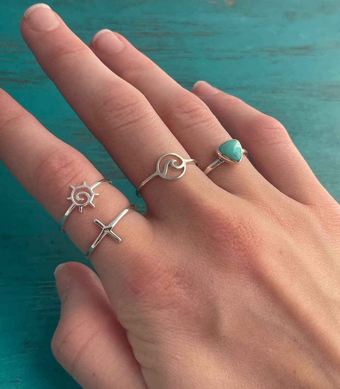 SUMMER SALE Sterling Stacking Rings Sun Cross Wave Turquoise