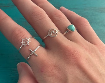 SUMMER SALE - Sterling Stacking Rings - Sun Cross Wave Turquoise Rings - Gift for Her