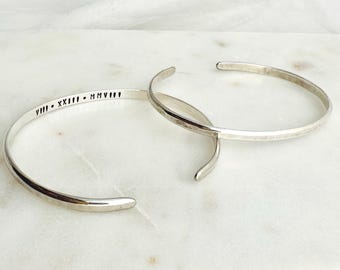 Engraved Roman Numeral Bracelet - Personalized Sterling Silver Cuff - Coordinates - Date - Name - Hidden Message Jewelry - Gift for Her