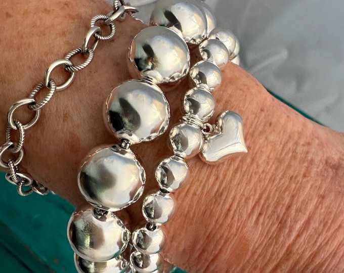 Featured listing image: SALE - Heart Sterling Ball Bracelet - 6mm 8mm 10mm 12mm 14mm-925 Sterling Bead Bracelet-Chunky Ball Bangle-Bauble Ball Bracelet-Gift for Her