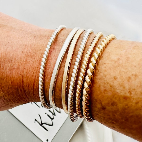 Sterling and Gold Custom Cuff Bracelets - Twist Bracelets - Hammered Cuff - Twisted Silver Rope Cuff - Stackable Cuff - Open Bangle Bracelet