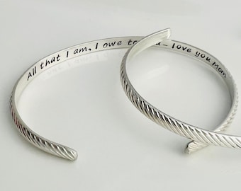 NEW! All that I am I owe to you - Personalized Mother of the Bride Bracelet - Custom Cuff - Hidden Message - Mother Gift - Sterling/Gold