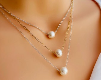 NEW - Single Floating Pearl Necklace - Sterling Silver / Gold Filled