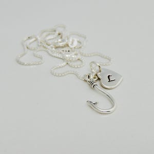 Custom Fishing Neckalce - Personalized Fish Hook  - Initial Necklace - Heart Initial - Sterling Silver - Hand Stamped