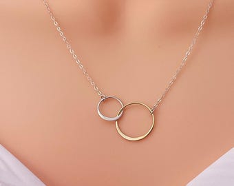 Eternity Necklace - Interlocking Rings - Circle Pendant - Silver and Gold - Mixed Metal - Gift for Her
