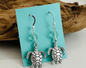 Sea Turtle Sea Glass Earrings-Beach Nautical Earrings-Sea foam/Aqua/Cobalt Blue Sea glass-Vacation Jewelry-Gift for Her-Sterling Silver-