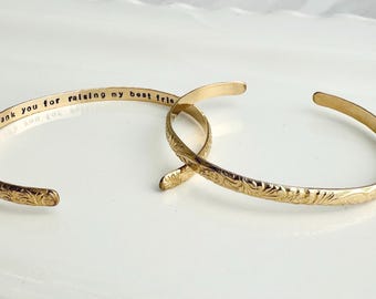 Custom Gold Mother of the Groom/Bride Bracelet-Floral Cuff Bracelet-Personalized Bangle-Gift for Mom-Thank you for raising my best friend