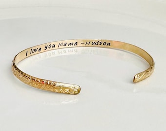 Mama Gold Personalized Cuff Bracelet - Floral-Flower Bracelet - Custom Name Bangle - Gift for Mom - Gold Engraved Bracelet - Valentine's Day