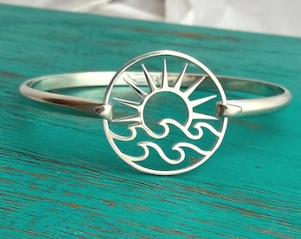 NEW - Sun and Waves Sterling Bracelet - Sterling Silver Wave Sun Cuff - Nautical Convertible Bangle