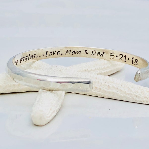 Custom Engraved Cuff Bracelet-Personalized Bracelet-Hand Stamped-Sterling Silver-Graduation-Gift for Her-Secret Message-Daughter Gift