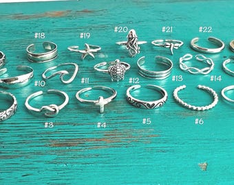 SALE - 925 Sterling Toe Rings - Adjustable Silver Toe Rings-Minimalist Rings-Cross-Wave-Flower-Heart-Bead-Cigar Band-Gift for Her-Waterproof