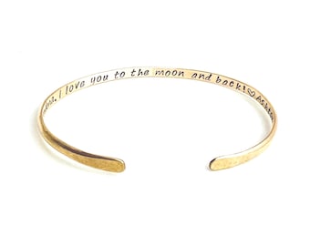 Custom Gold Personalized Cuff • I love you to the moon and back • Hidden Message•Gold Silver Bangle Bracelet • Gift for Her • Stackable Cuff