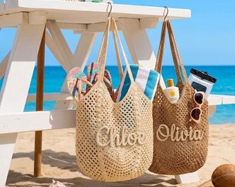 Personalisierte Strand Tragetaschen, häkeln Name Strandtasche, Brautjungfer Geschenk, Sommer Tragetasche, Brautdusche Tasche,Weekender Tasche,Damentasche, Geschenk für Sie