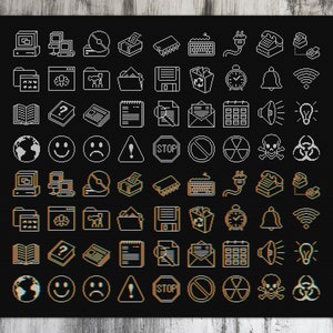 Puede incluir: Una cuadrícula en blanco y negro de 64 iconos de computadora, que incluyen una carpeta, un disquete, una impresora, una bombilla, una calavera y huesos cruzados, una cara sonriente, un signo de interrogación, un globo terráqueo, una señal de alto, una campana, un calendario, un altavoz, un símbolo de wifi, un archivo, un sobre, una computadora, un teclado, un enchufe, un teléfono, un ratón y una carpeta. Los iconos están en un estilo pixelado.