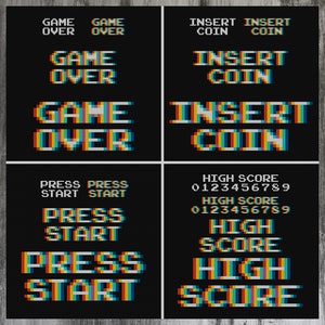 Game Over/Insert Coin/Press Start/High Score Four-Pack Cross Stitch Patterns