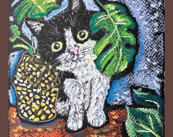 Original Cow Cat Oil Pastel Painting, Tuxedo Kitten in Plants Wall Art, Whimsical Botanical Animal Decor, Small Framed Impasto Artwork