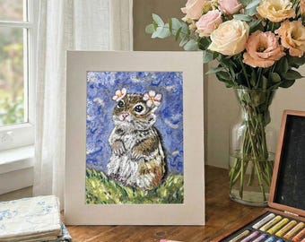 Pintura original de hámster al pastel al óleo, retrato floral de mascota, arte animal de la noche estrellada, decoración caprichosa para guardería, pequeña obra de arte enmarcada con técnica de impasto