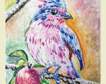 Pintura original de pássaro em pastel a óleo, arte colorida e lúdica, decoração de parede com elementos da natureza pintada à mão.