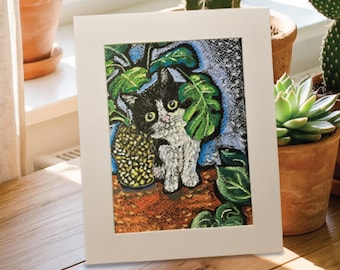 Original Oil Pastel Painting - Whimsical Tuxedo Kitten with Monstera, Healing Botanical Cat Art (14x19cm)