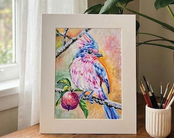 カラフルな鳥のオリジナル油性パステル画、風変わりな青とピンクの鳥のアート、手描きの自然の壁飾り、鳥好きへのユニークなギフト