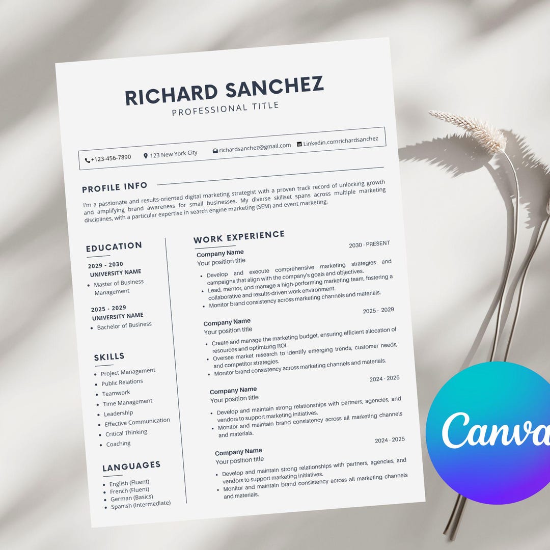 ATS Friendly Resume Template Canva | Single Page Modern CV | Minimalist ...