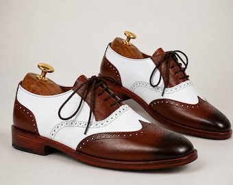 Handmade Leather Oxford Shoes for Men | Two Tone Wingtip Brogue Dress Shoes | Genuine Leather Formal Business Wedding Shoes