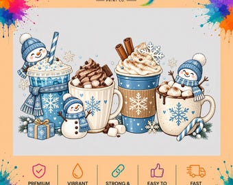 Snowman Hot Cocoa DTF Transfer, Cozy Winter Coffee Ready to Press