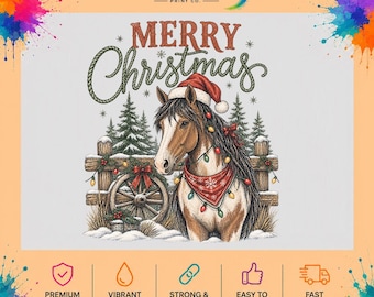 Western Christmas Horse DTF Transfer, Vintage Holiday Design, Ready to Press Heat Transfer